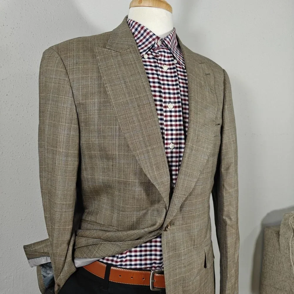 Apollo King Men's Sport Coat Blazer Single Button Brown Plaid 150s Wool Peak 42R